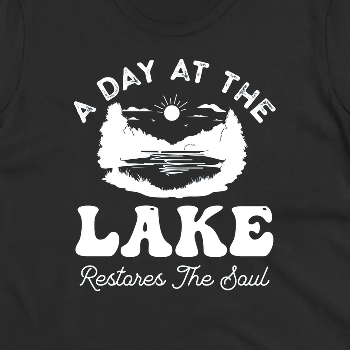 A day at the lake restores the soul graphic with lake scene and text