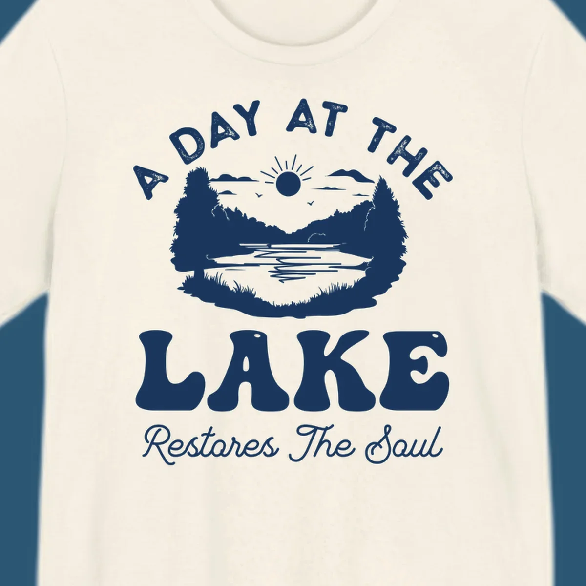 A day at the lake restores the soul graphic with lake scene and text