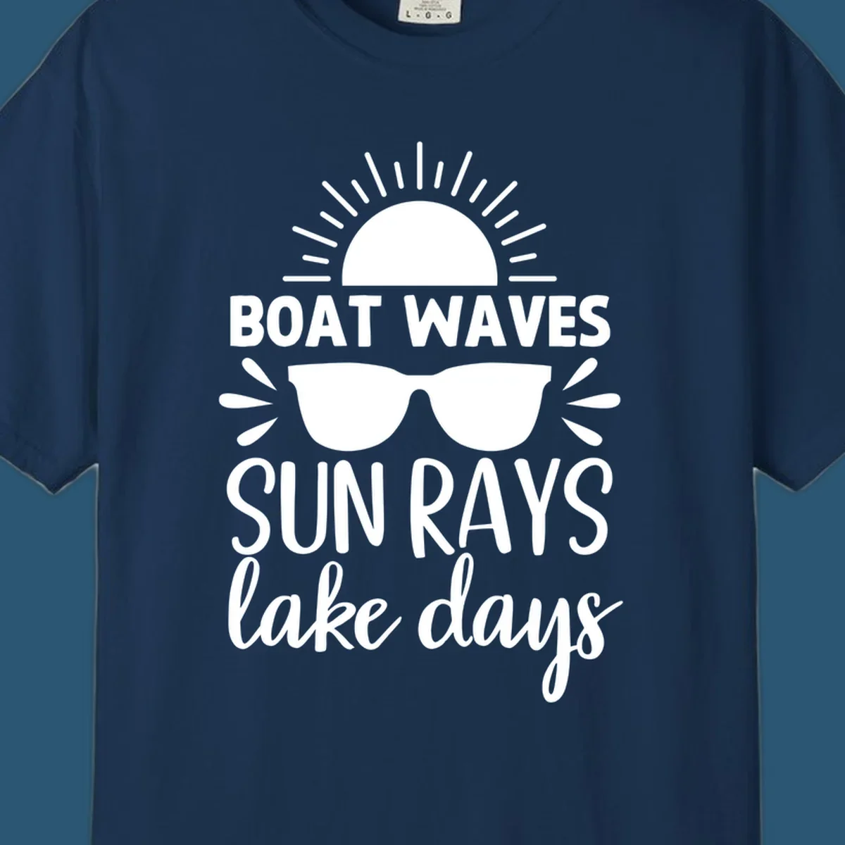 Boat waves sun rays lake day vibes design with sun and sunglasses.