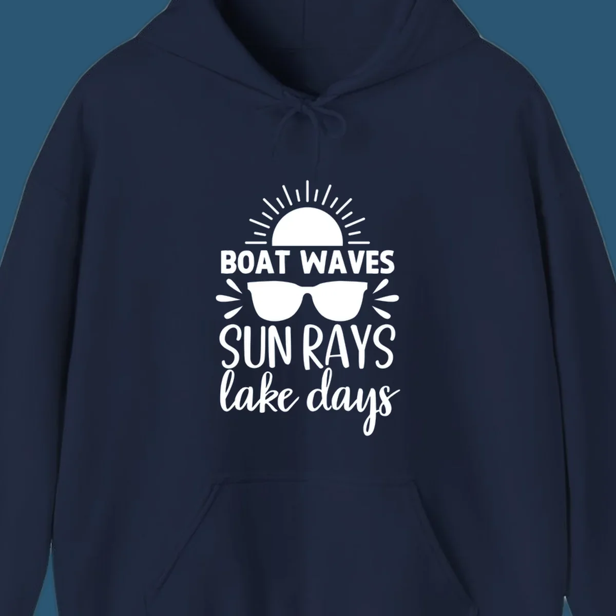 Boat waves sun rays lake day vibes design with sun and sunglasses.