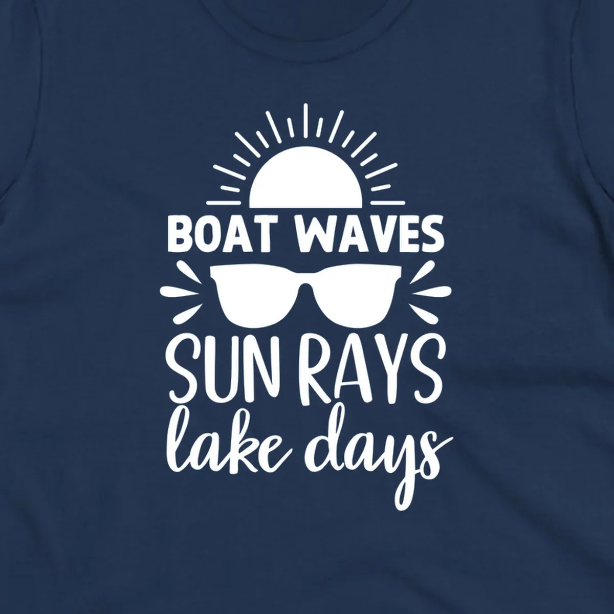 Boat waves sun rays lake day vibes design with sun and sunglasses.