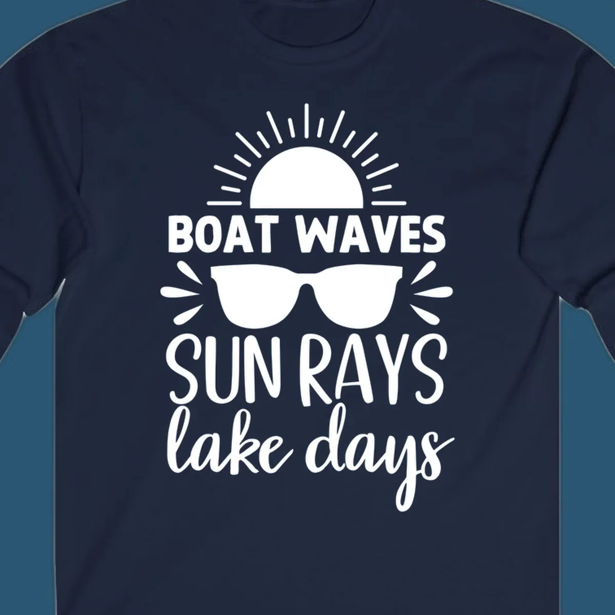 Boat waves sun rays lake day vibes design with sun and sunglasses.