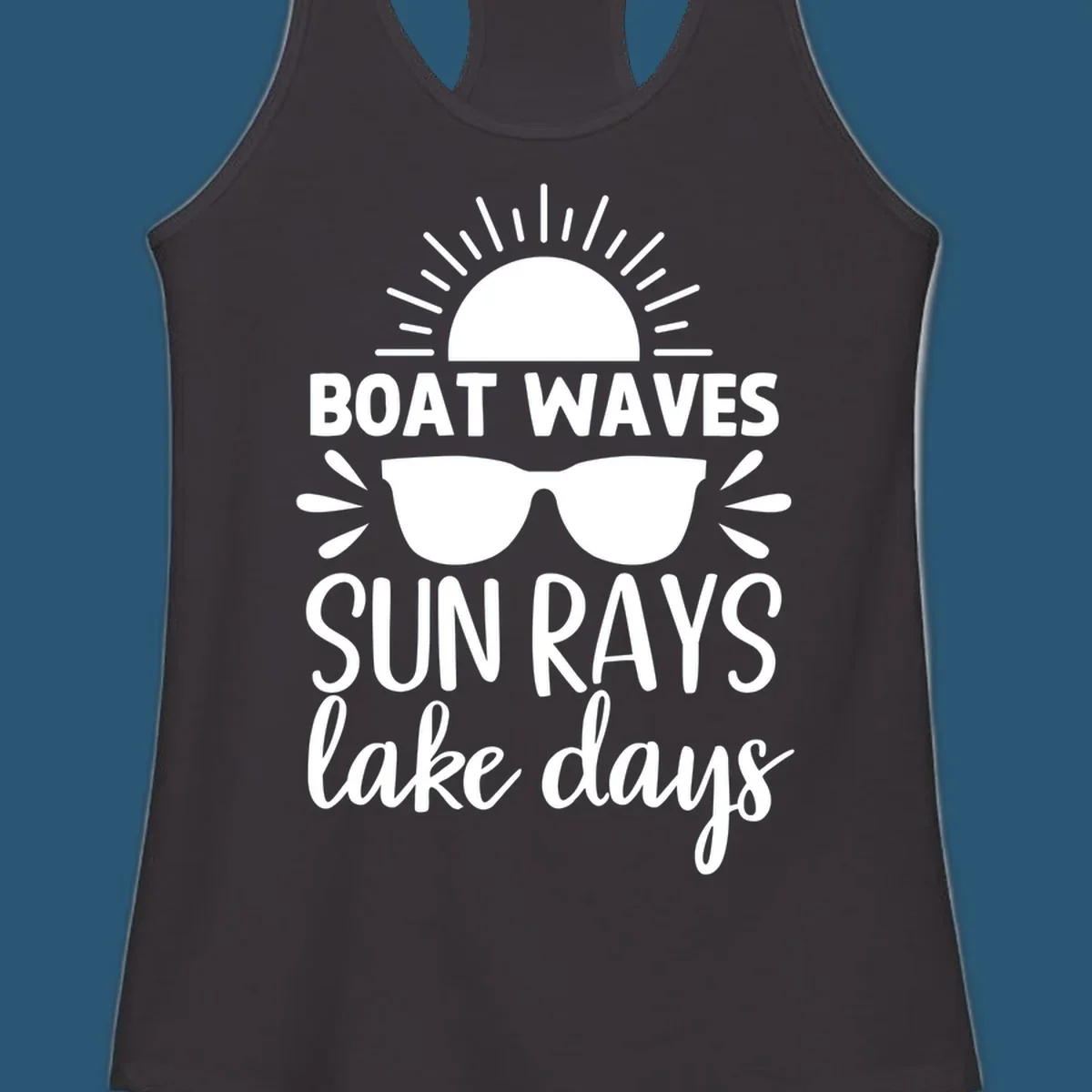 Boat waves sun rays lake day vibes design with sun and sunglasses.
