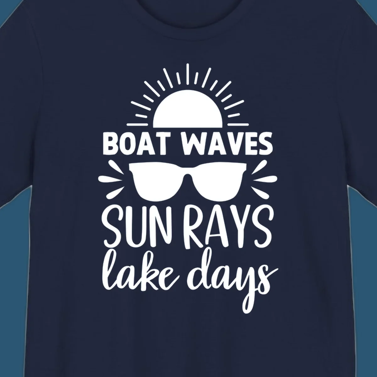 Boat waves sun rays lake day vibes design with sun and sunglasses.