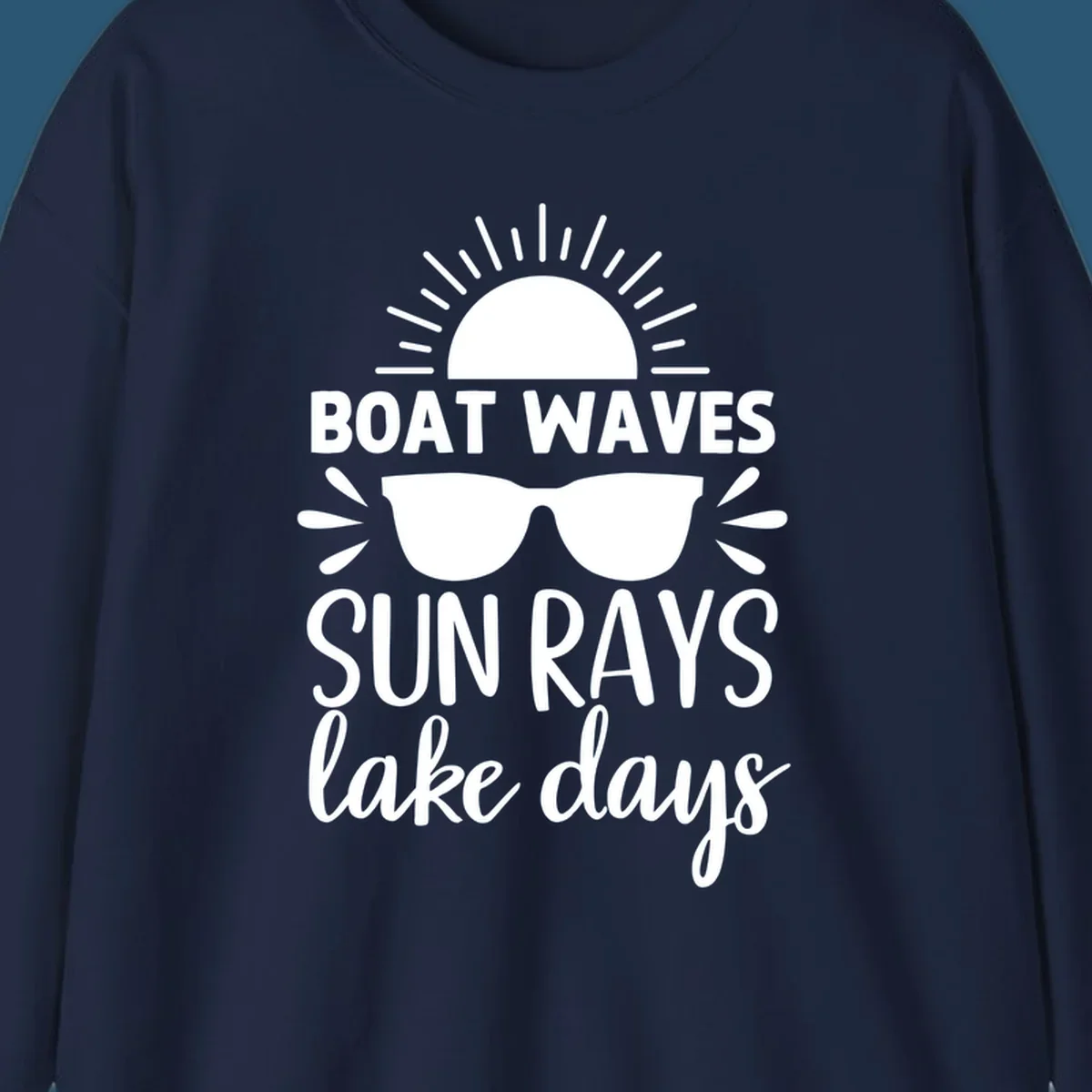 Boat waves sun rays lake day vibes design with sun and sunglasses.