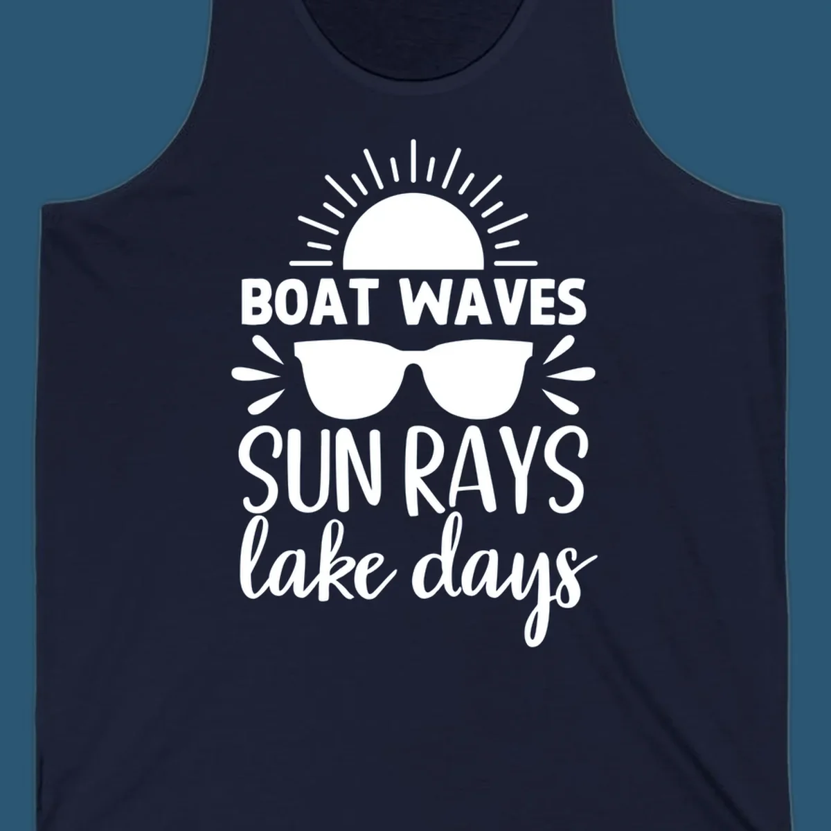 Boat waves sun rays lake day vibes design with sun and sunglasses.