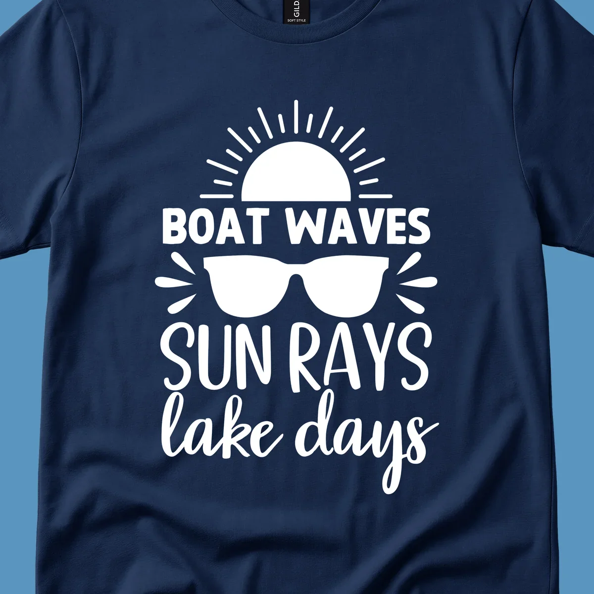 Boat waves sun rays lake day vibes design with sun and sunglasses.