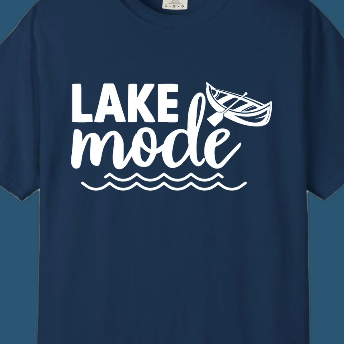 Lake Mode text with canoe and waves graphic. lake-mode-on