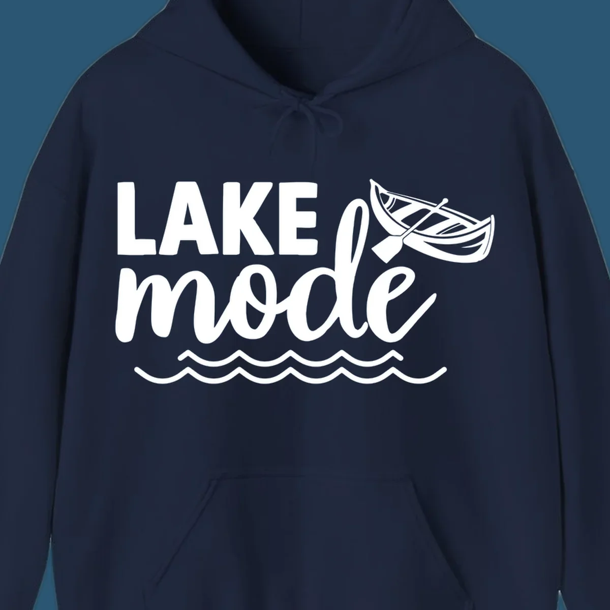 Lake Mode text with canoe and waves graphic. lake-mode-on