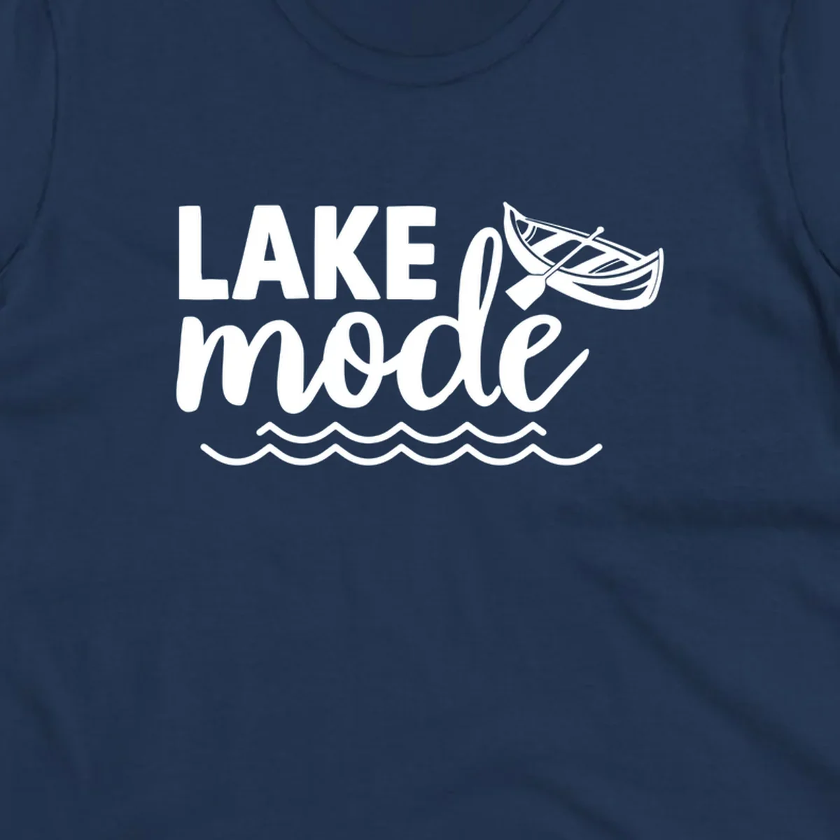 Lake Mode text with canoe and waves graphic. lake-mode-on
