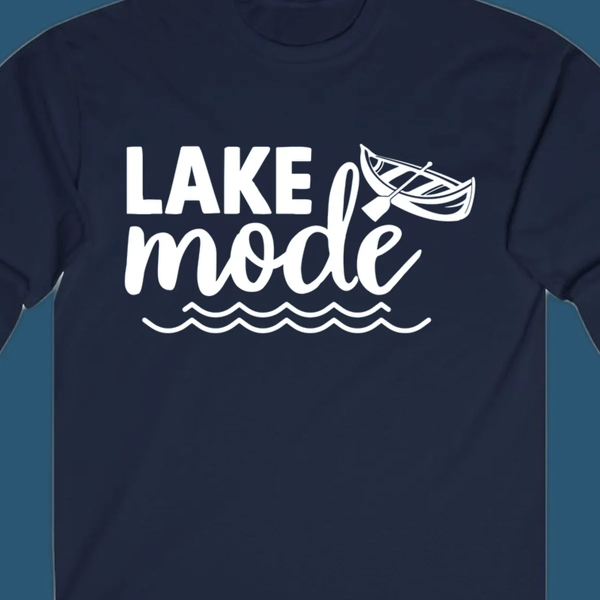 Lake Mode text with canoe and waves graphic. lake-mode-on