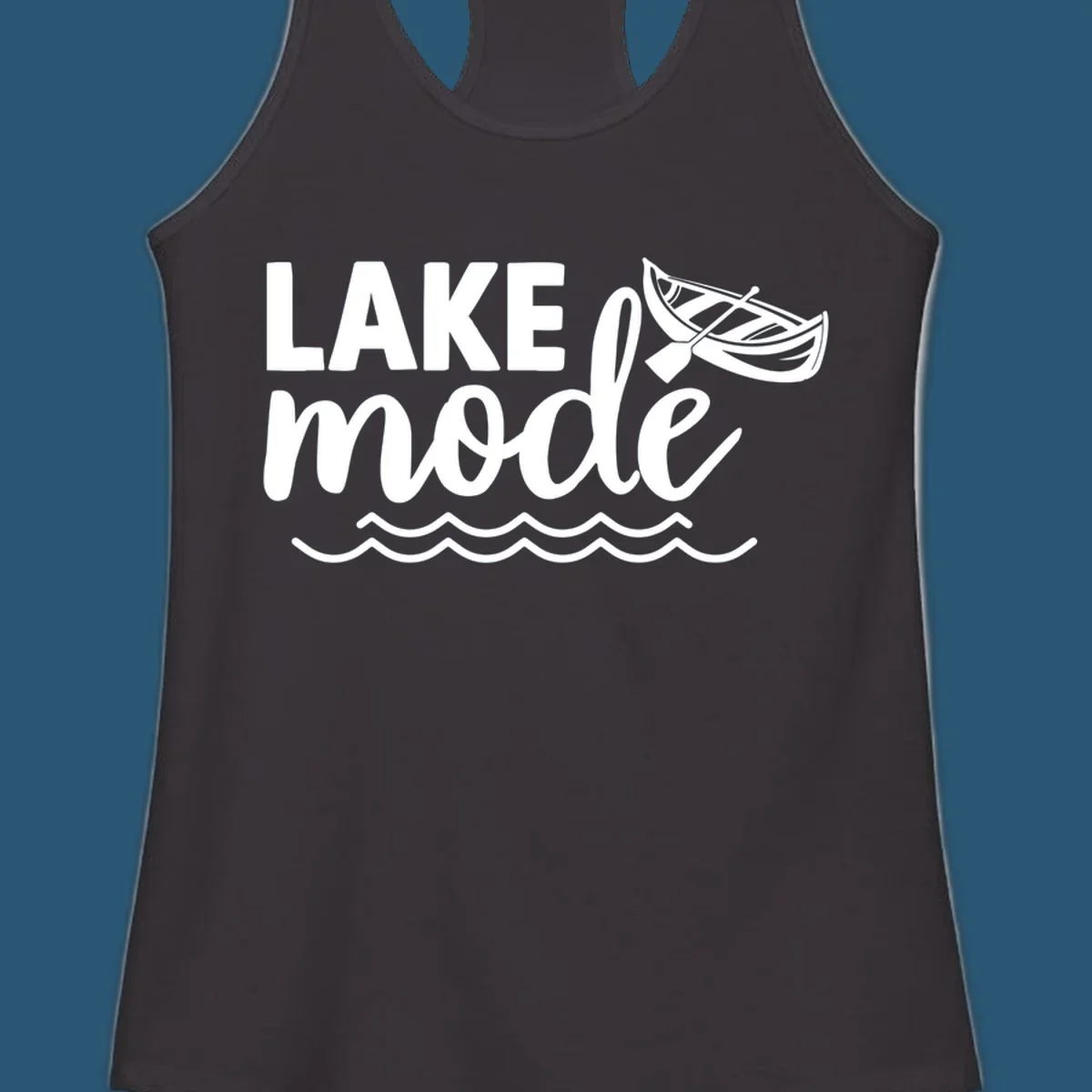Lake Mode text with canoe and waves graphic. lake-mode-on