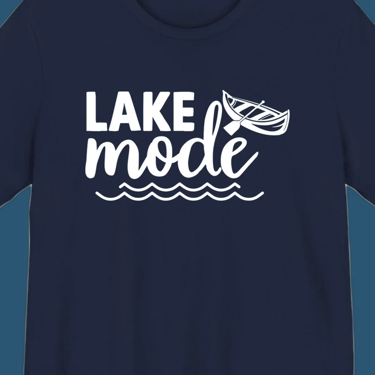 Lake Mode text with canoe and waves graphic. lake-mode-on