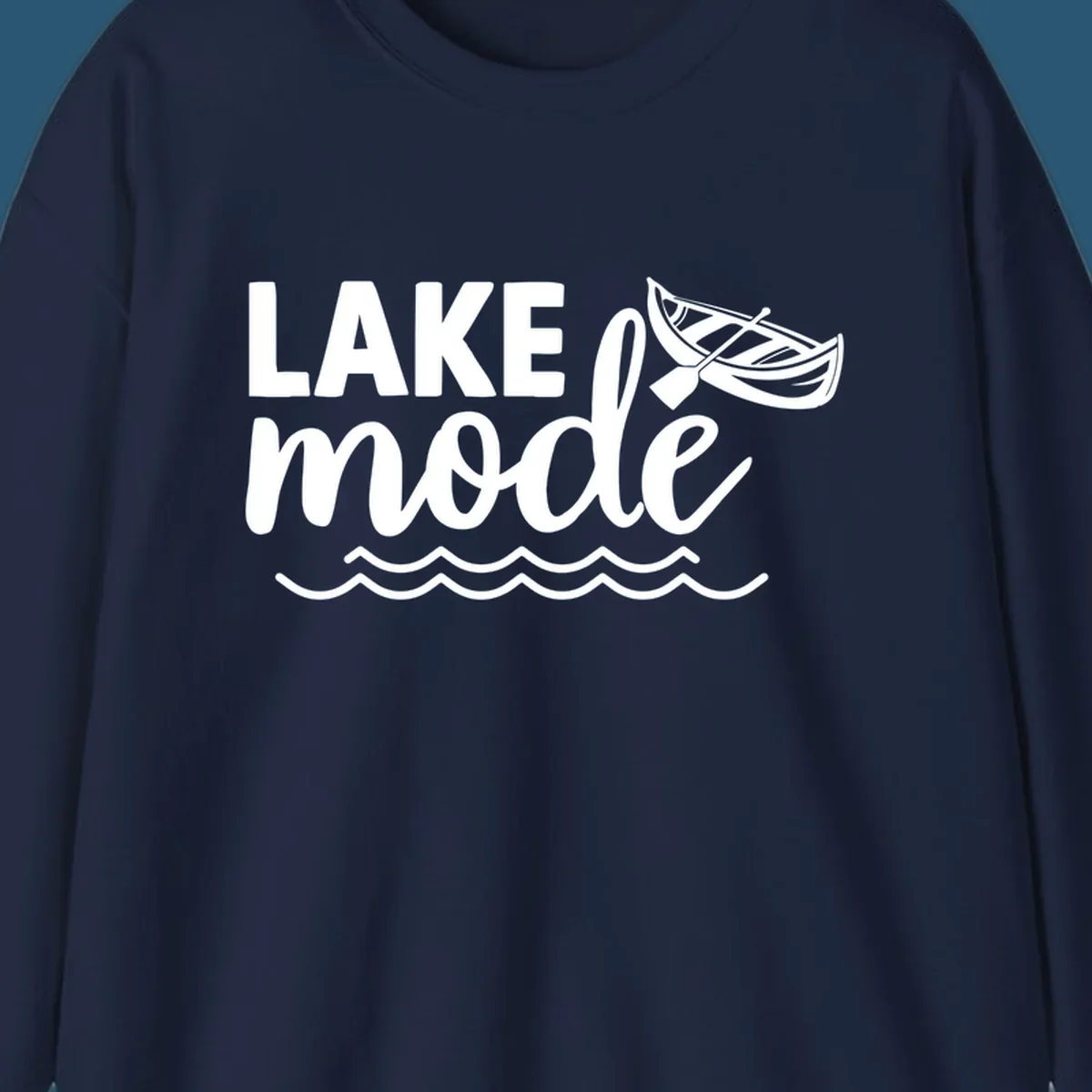Lake Mode text with canoe and waves graphic. lake-mode-on