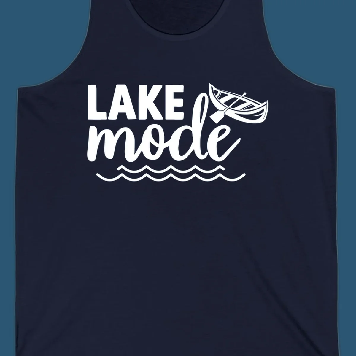 Lake Mode text with canoe and waves graphic. lake-mode-on