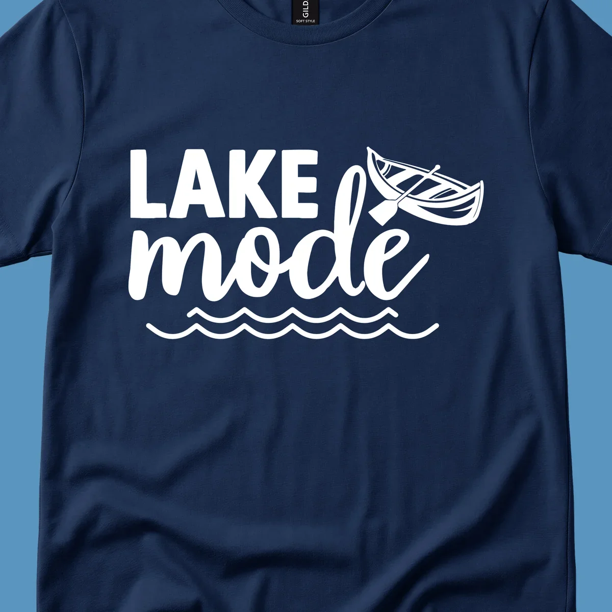 Lake Mode text with canoe and waves graphic. lake-mode-on