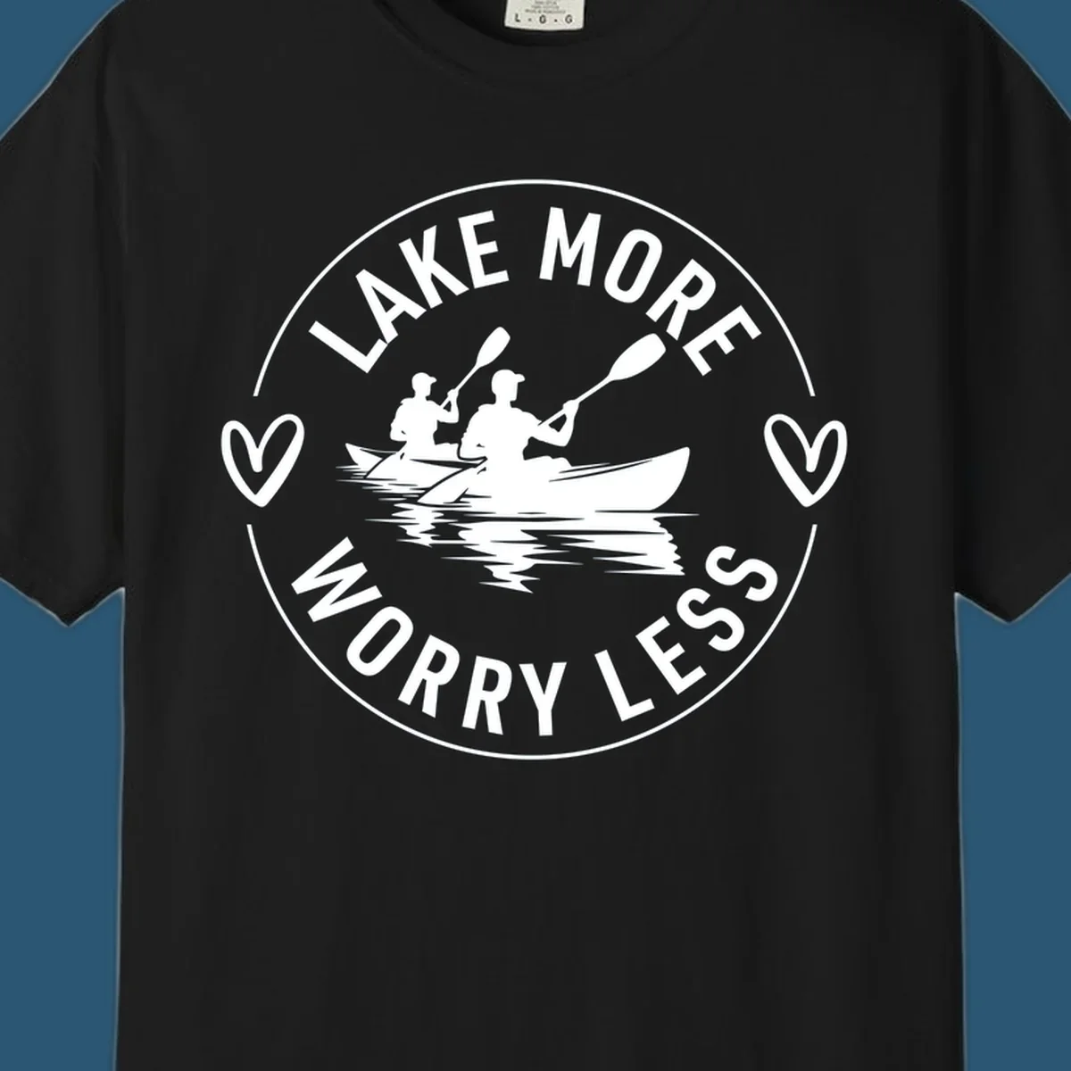 Lake More Worry Less kayaking design with kayakers and hearts.