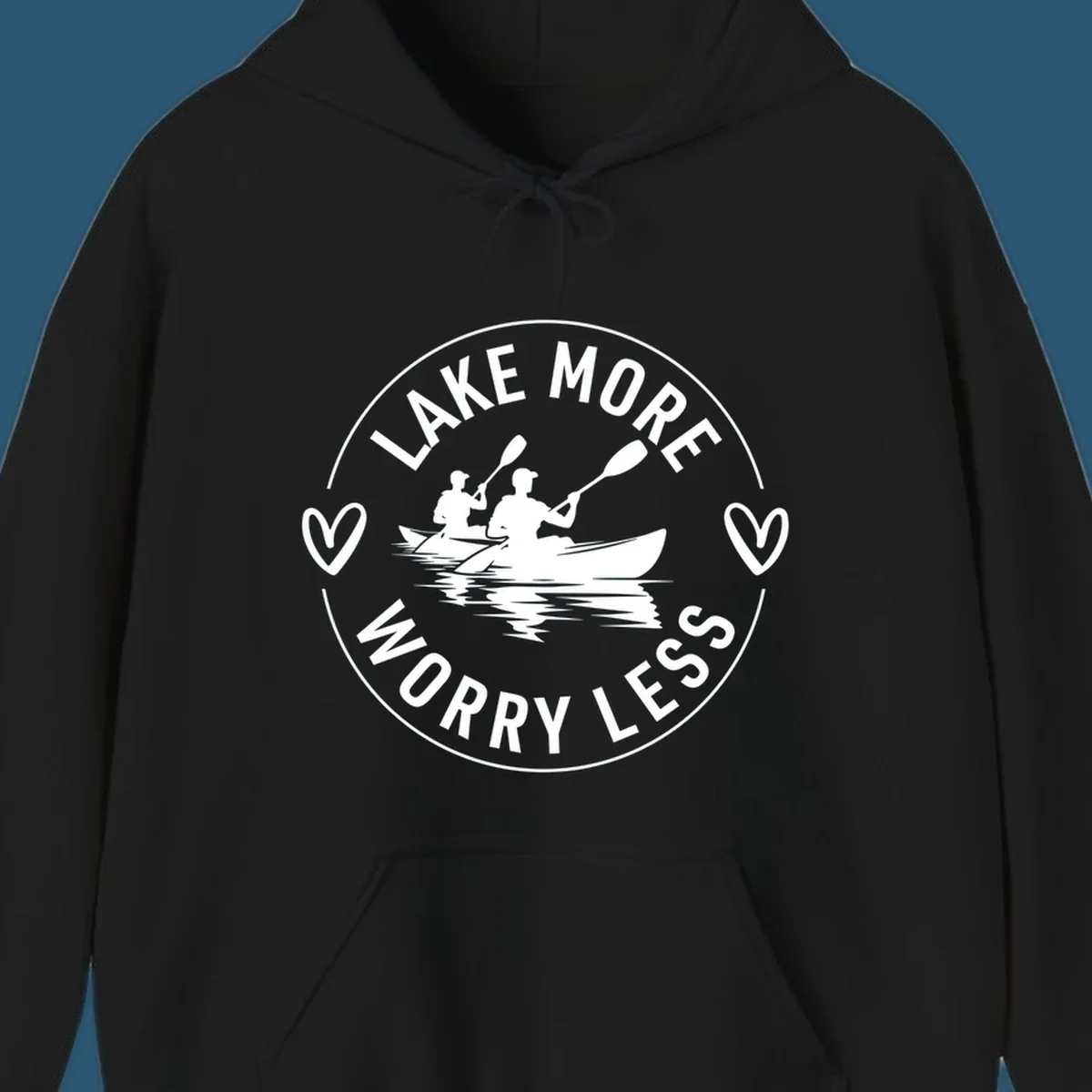 Lake More Worry Less kayaking design with kayakers and hearts.