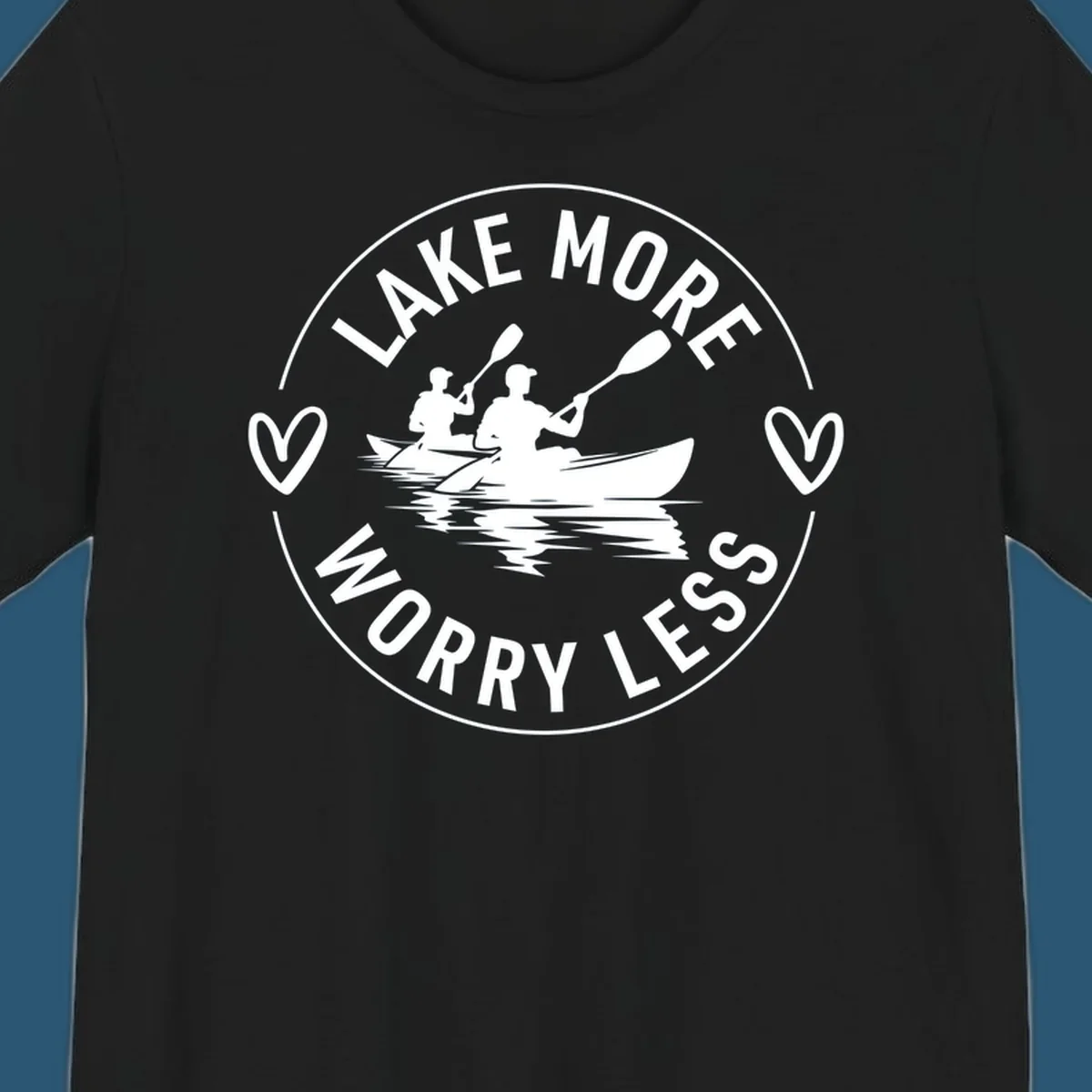 Lake More Worry Less kayaking design with kayakers and hearts.
