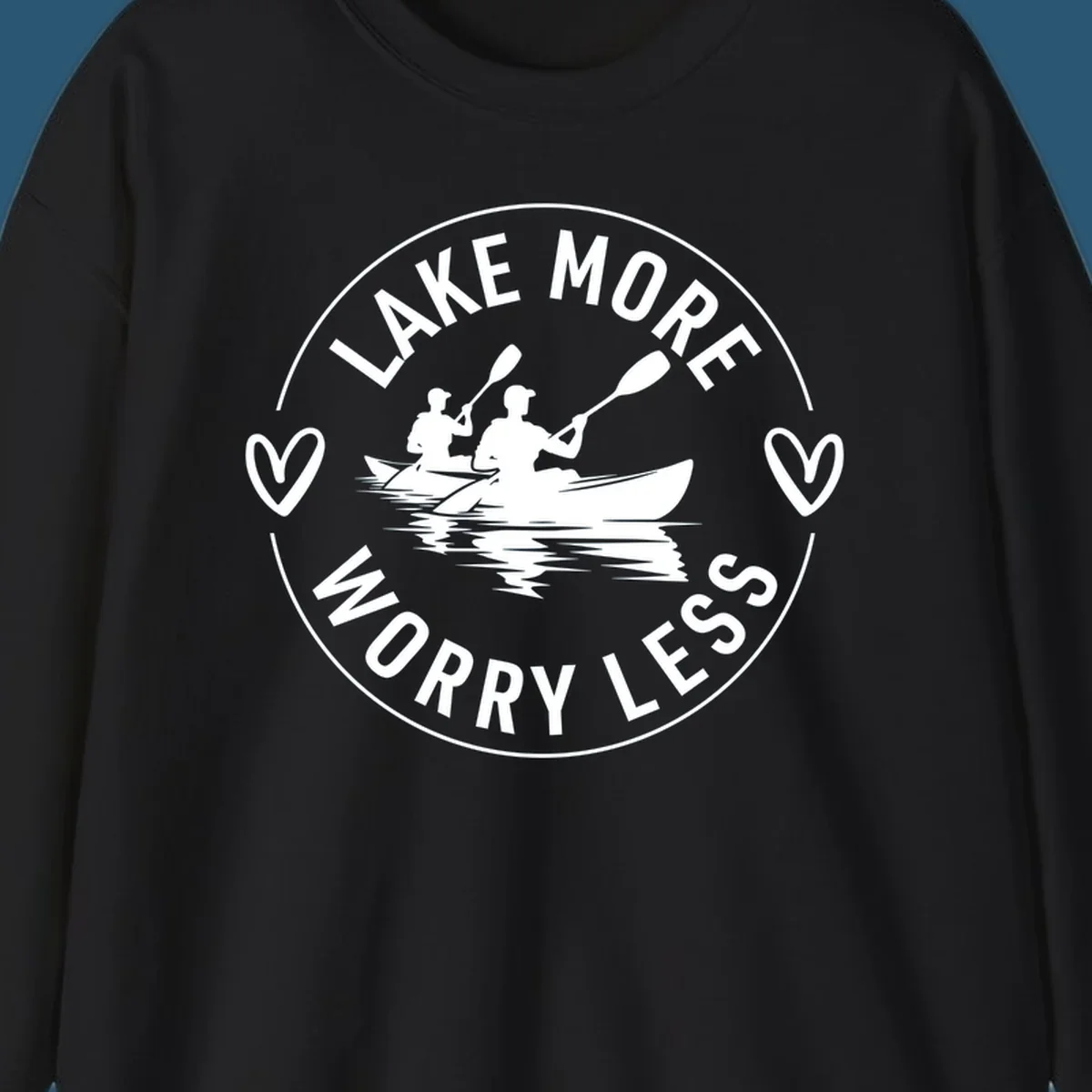 Lake More Worry Less kayaking design with kayakers and hearts.