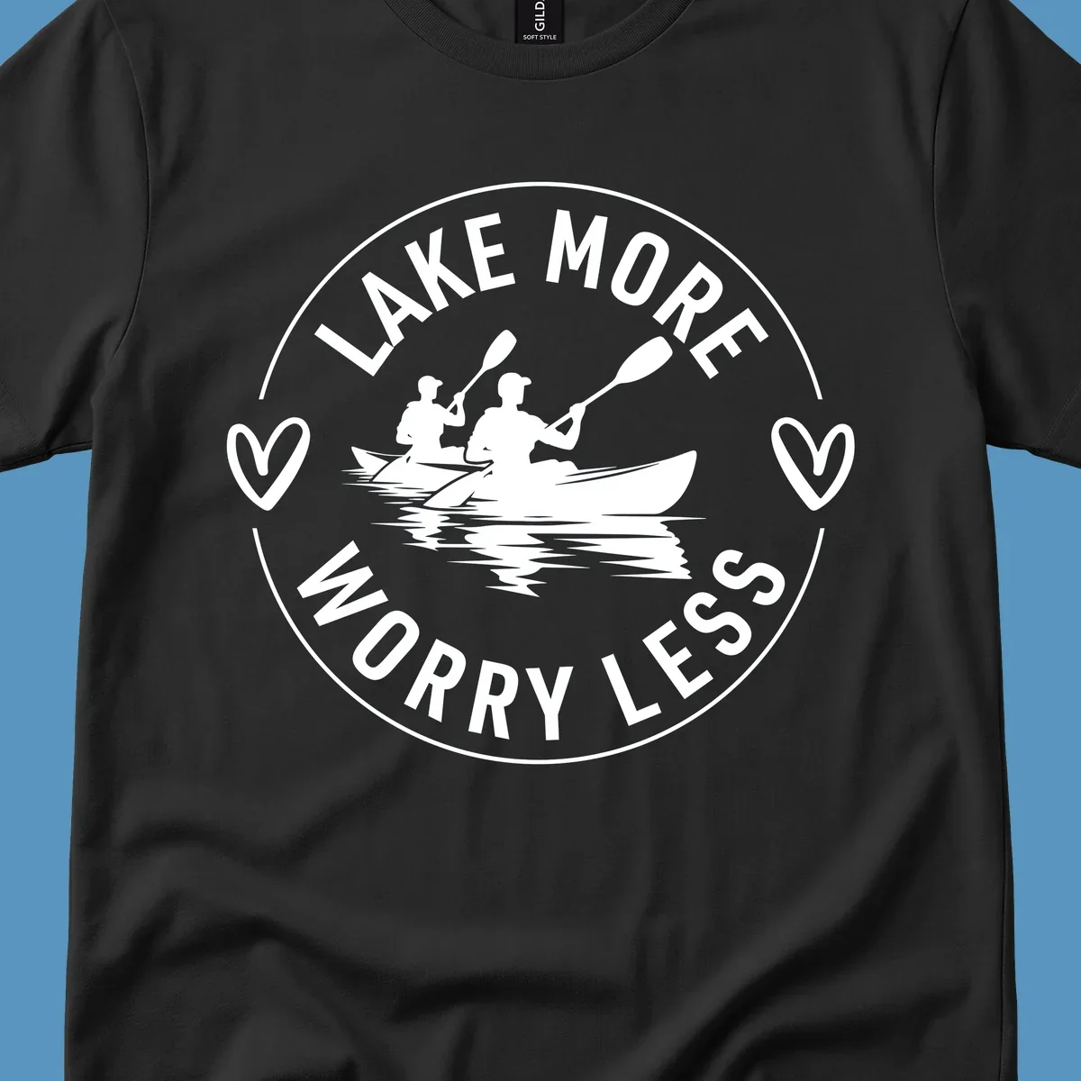 Lake More Worry Less kayaking design with kayakers and hearts.