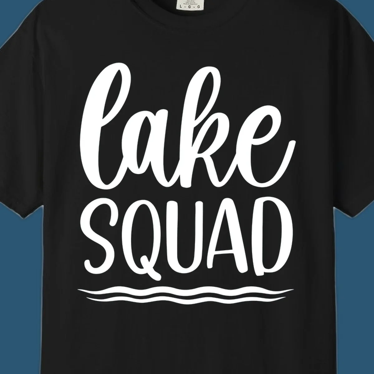 Lake Squad typography design with wavy lines graphic.