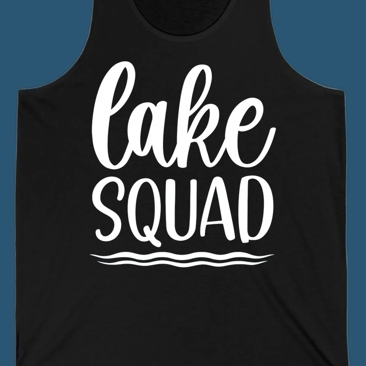 Lake Squad typography design with wavy lines graphic.