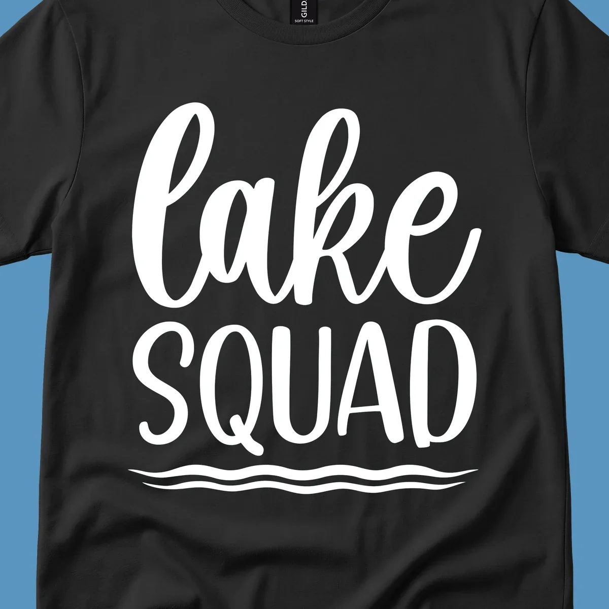 Lake Squad typography design with wavy lines graphic.