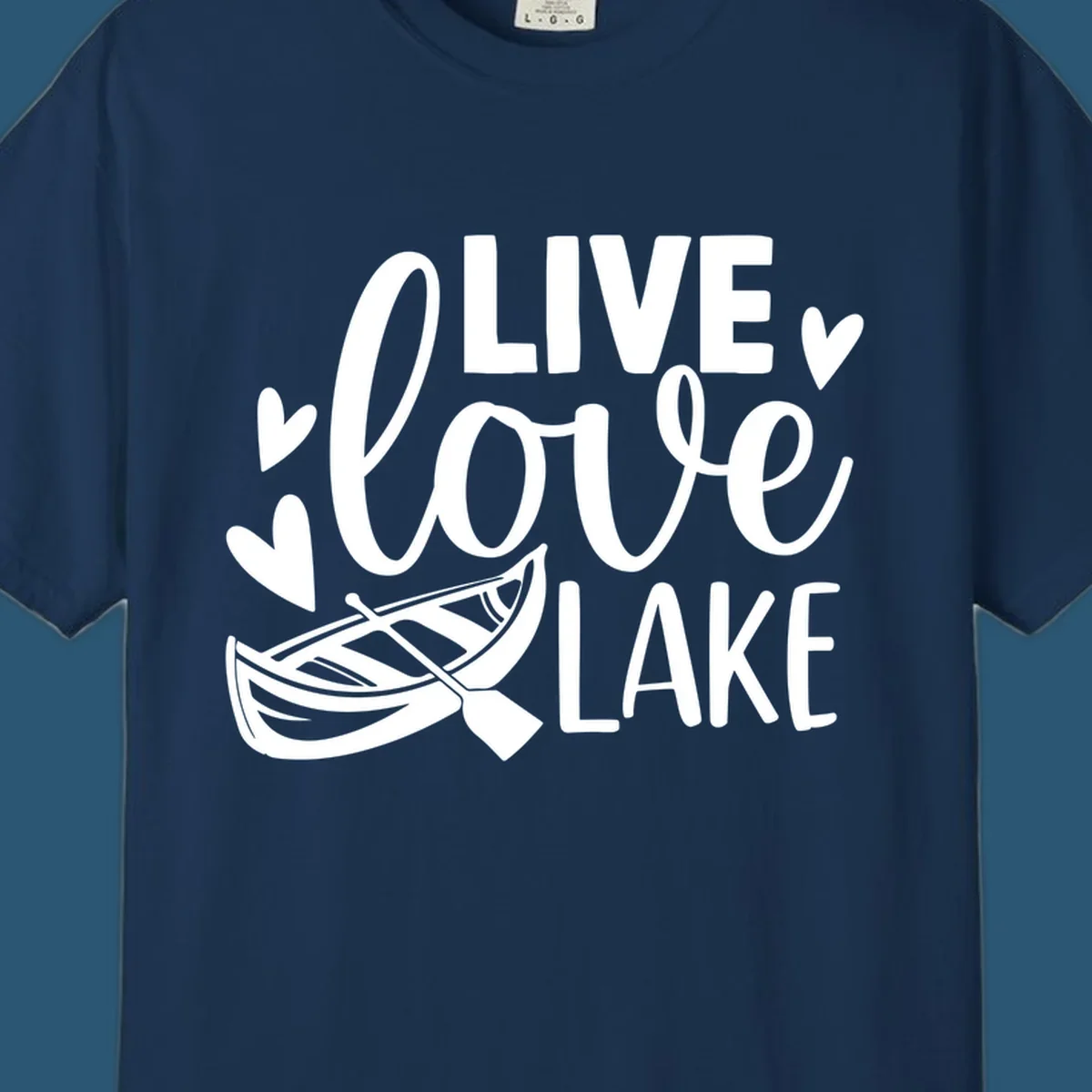 Live love lake text with boat and hearts graphic