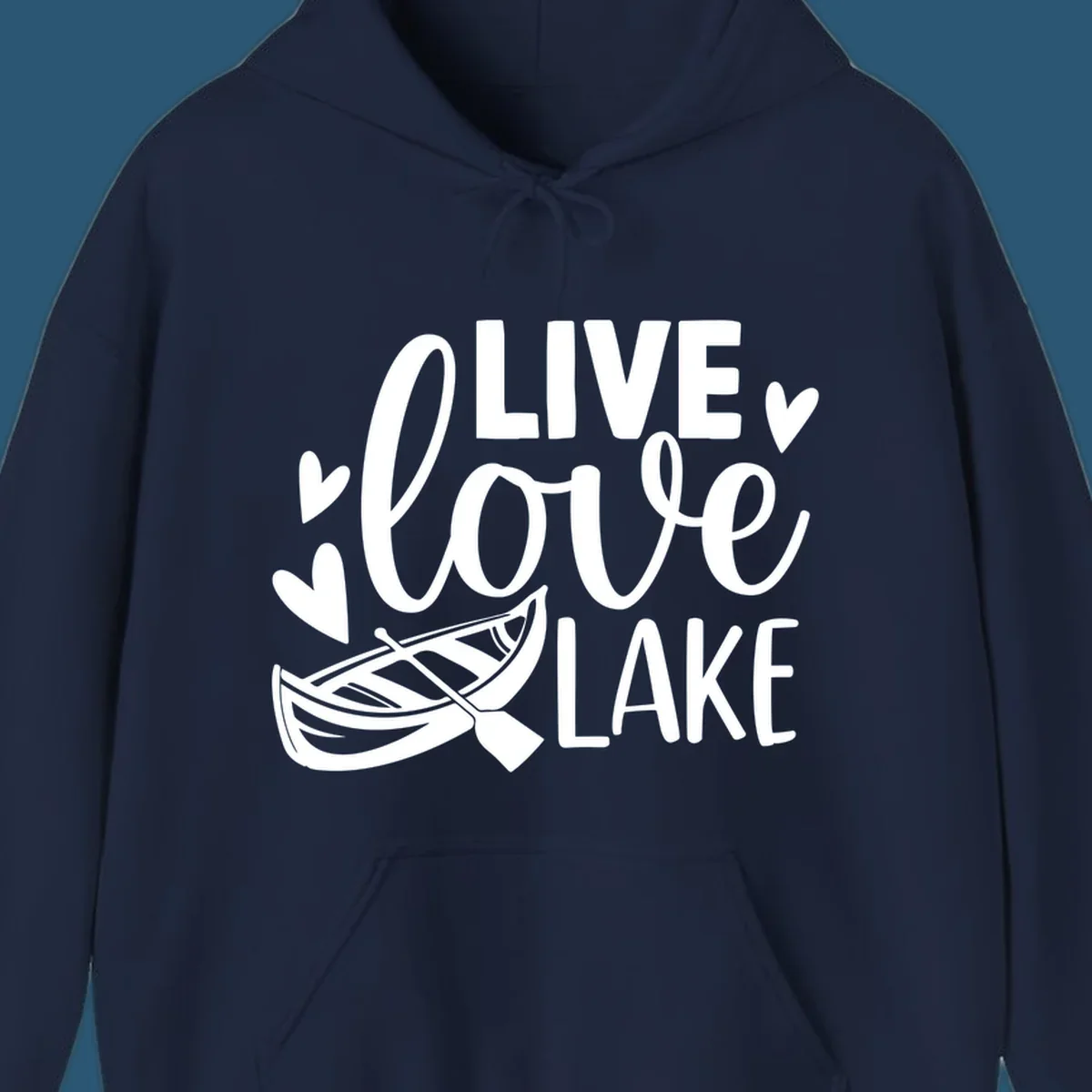 Live love lake text with boat and hearts graphic
