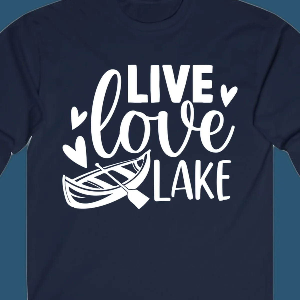 Live love lake text with boat and hearts graphic