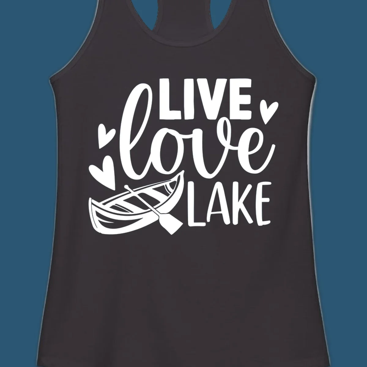 Live love lake text with boat and hearts graphic