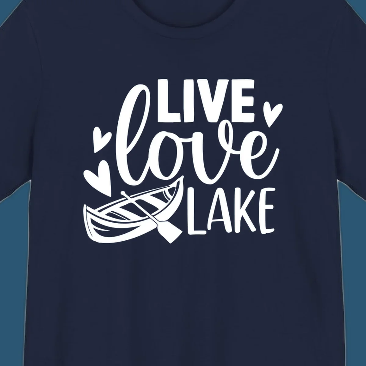 Live love lake text with boat and hearts graphic