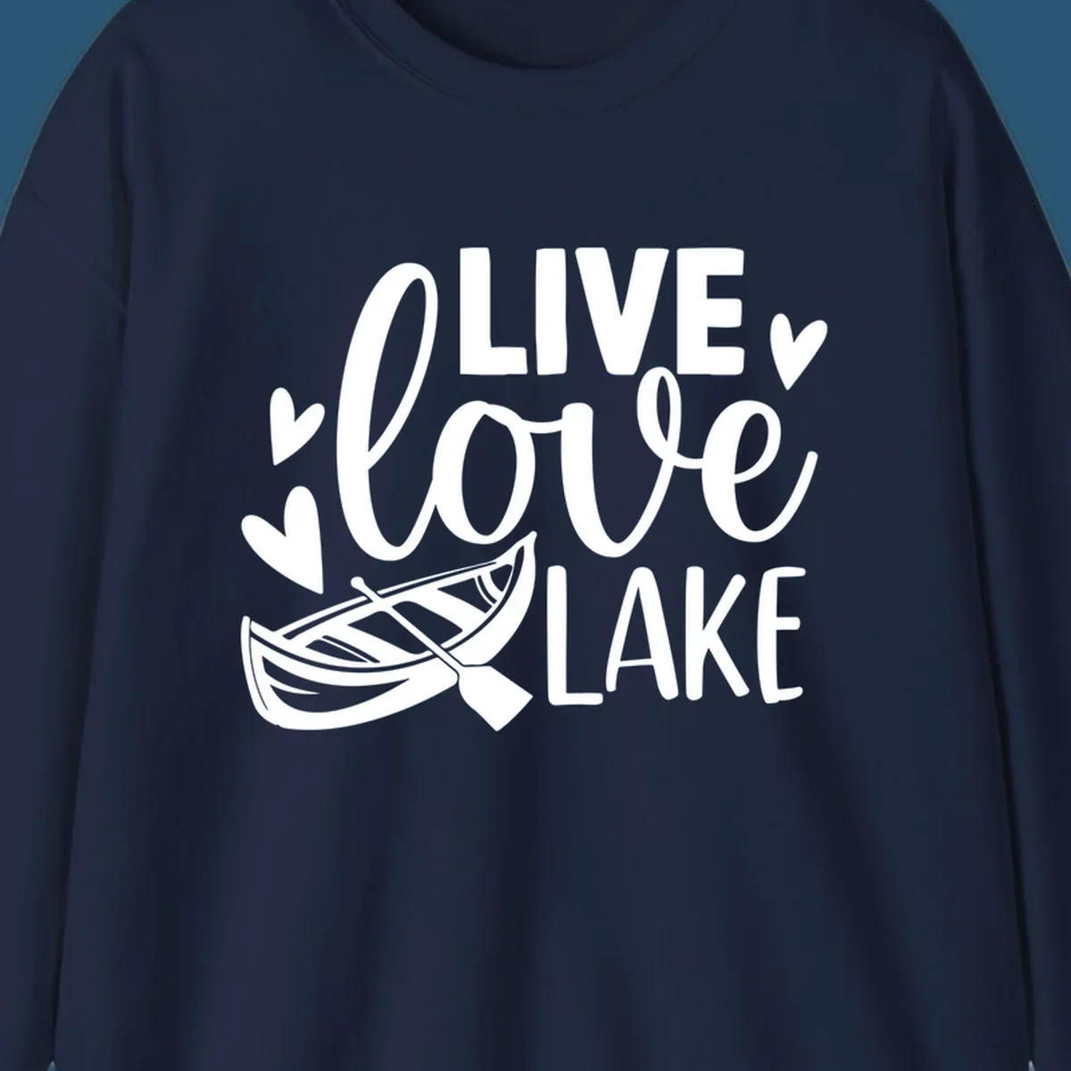 Live love lake text with boat and hearts graphic