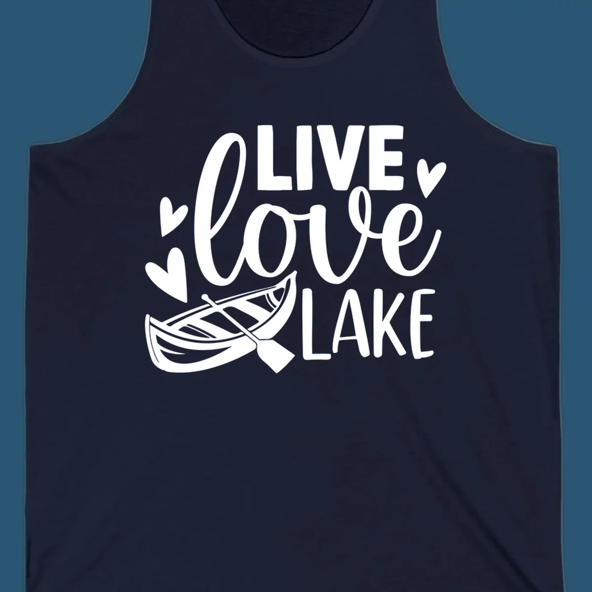 Live love lake text with boat and hearts graphic