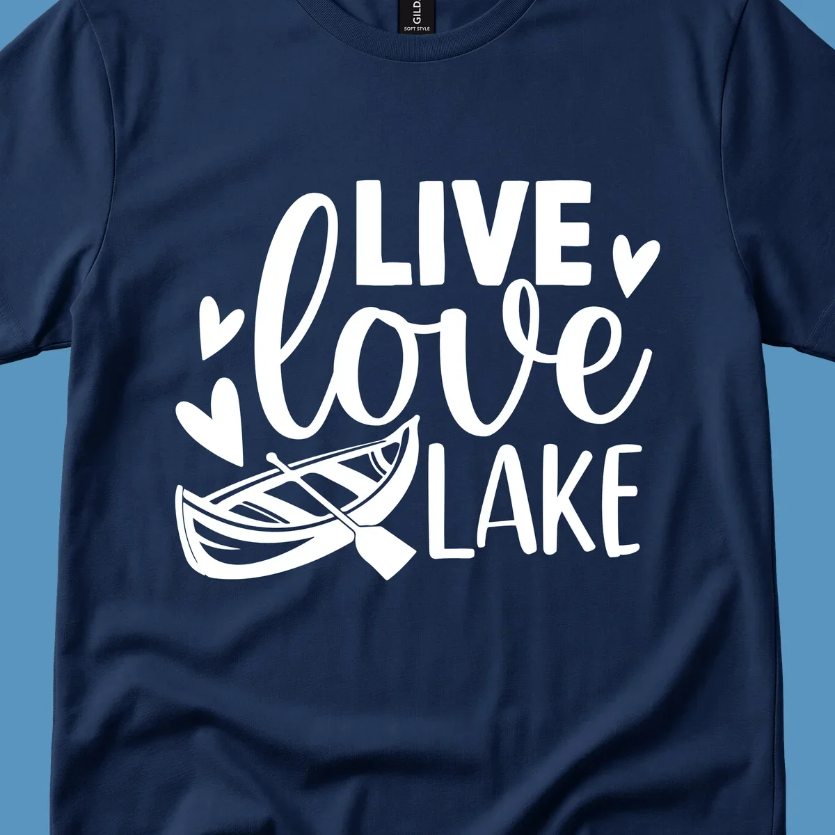 Live love lake text with boat and hearts graphic
