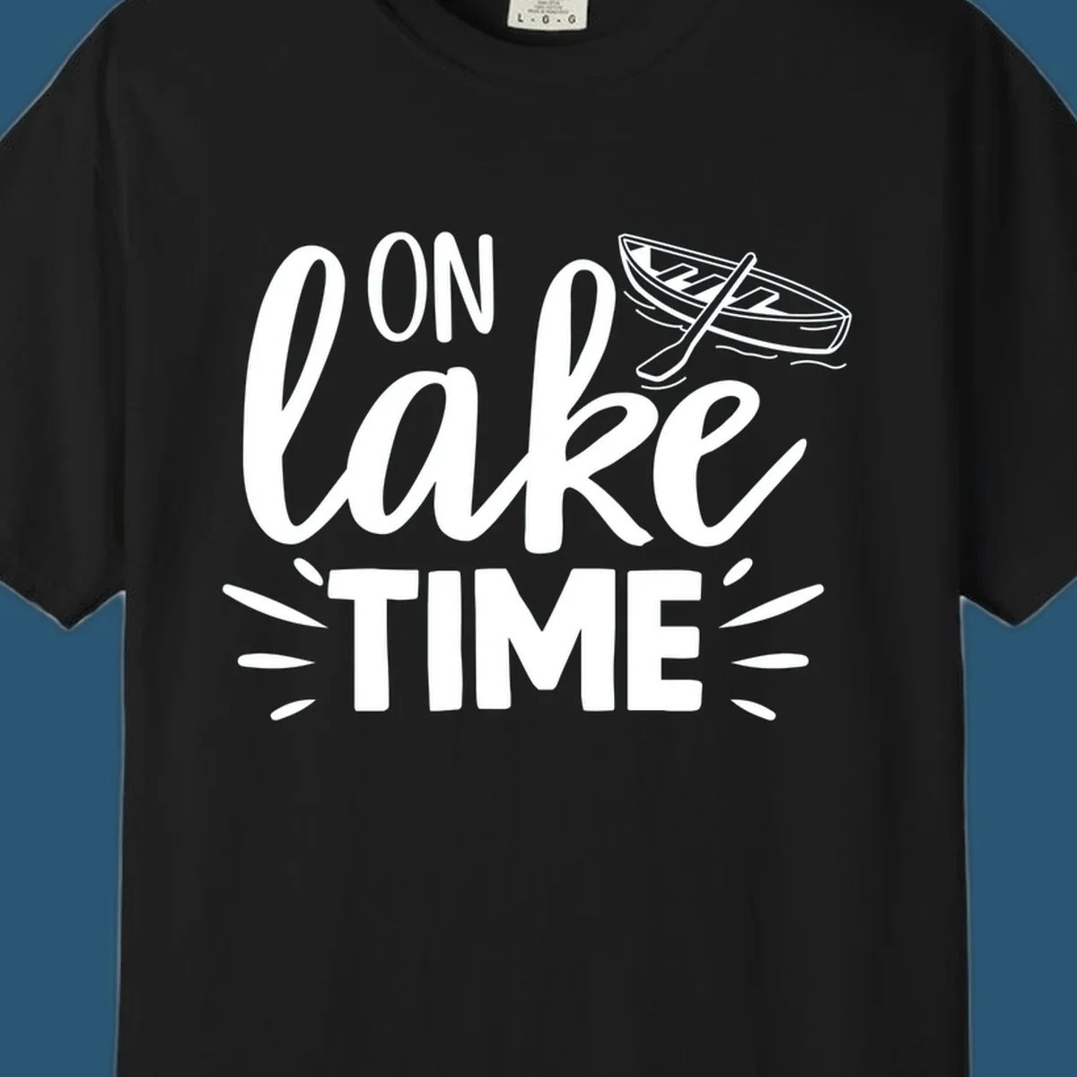 On lake time boat graphic with text and illustration, lake life concept.