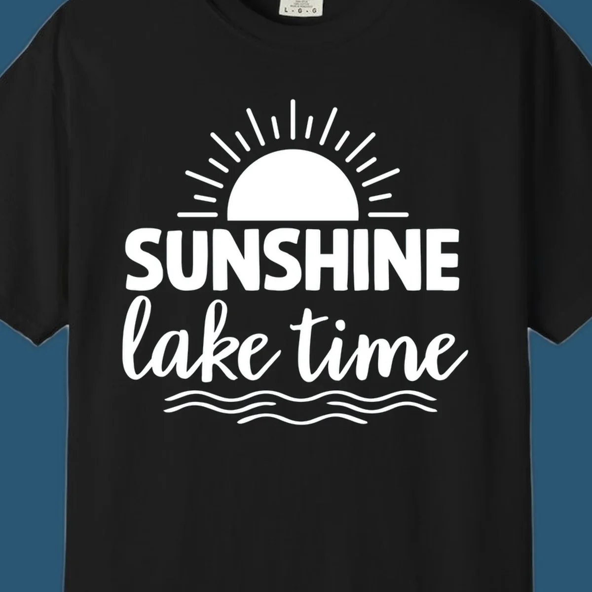 Sunshine lake time graphic with sun, rays, and wavy water.