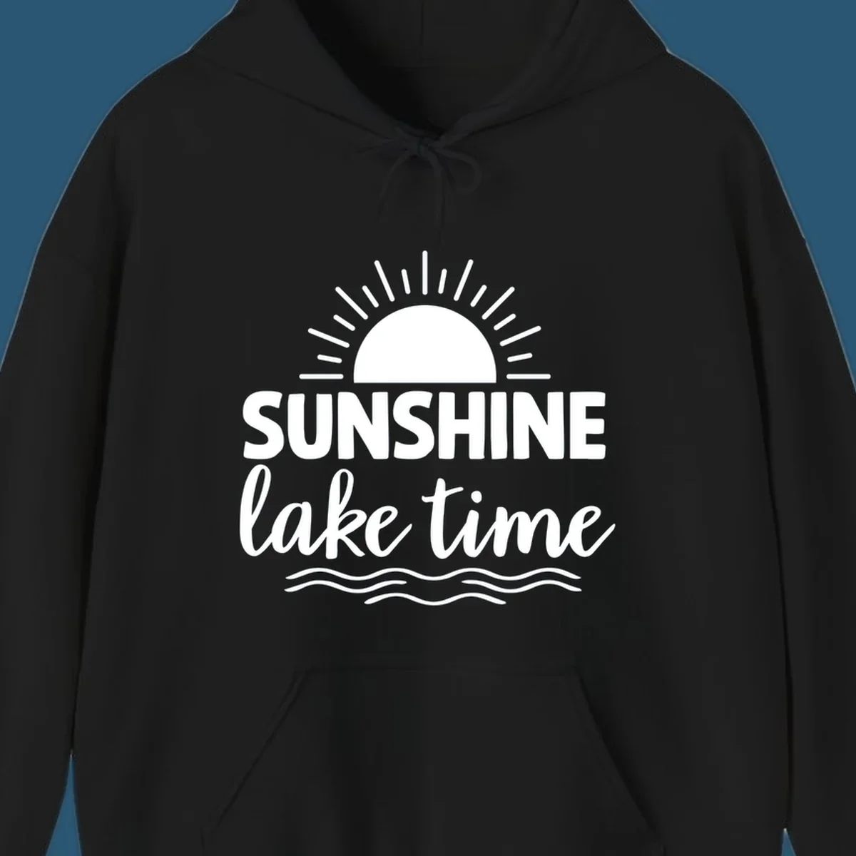 Sunshine lake time graphic with sun, rays, and wavy water.