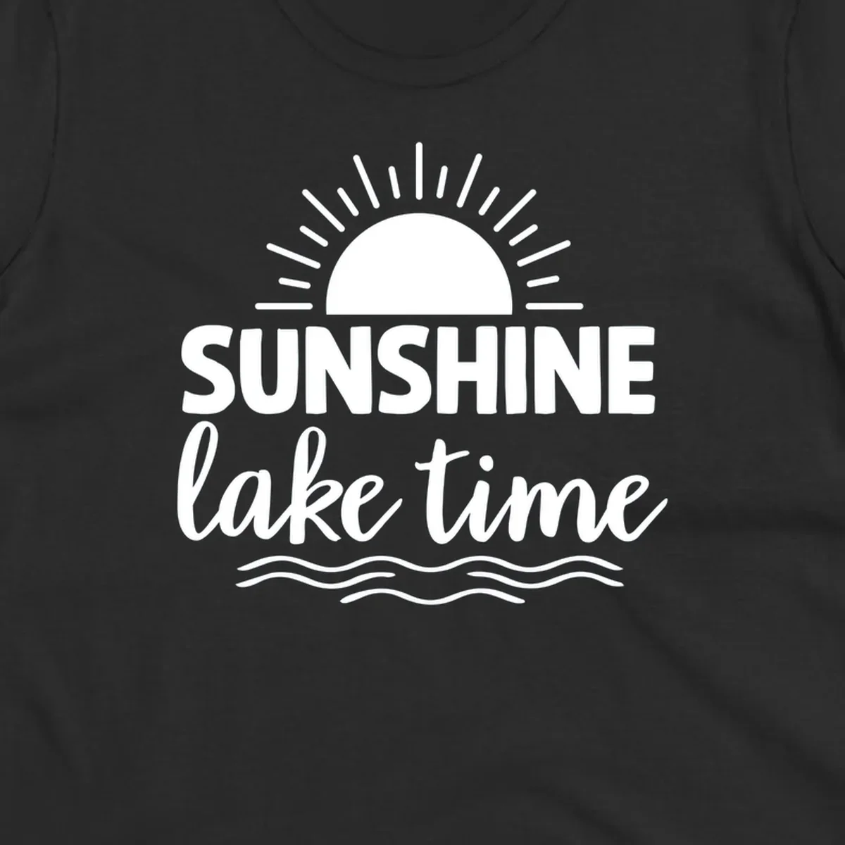 Sunshine lake time graphic with sun, rays, and wavy water.