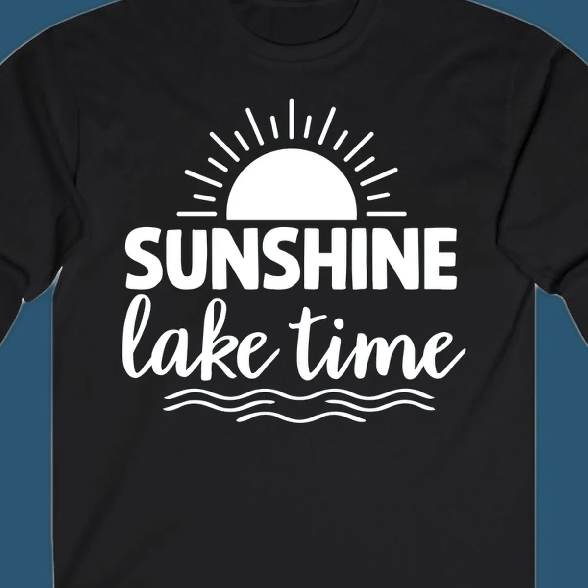 Sunshine lake time graphic with sun, rays, and wavy water.