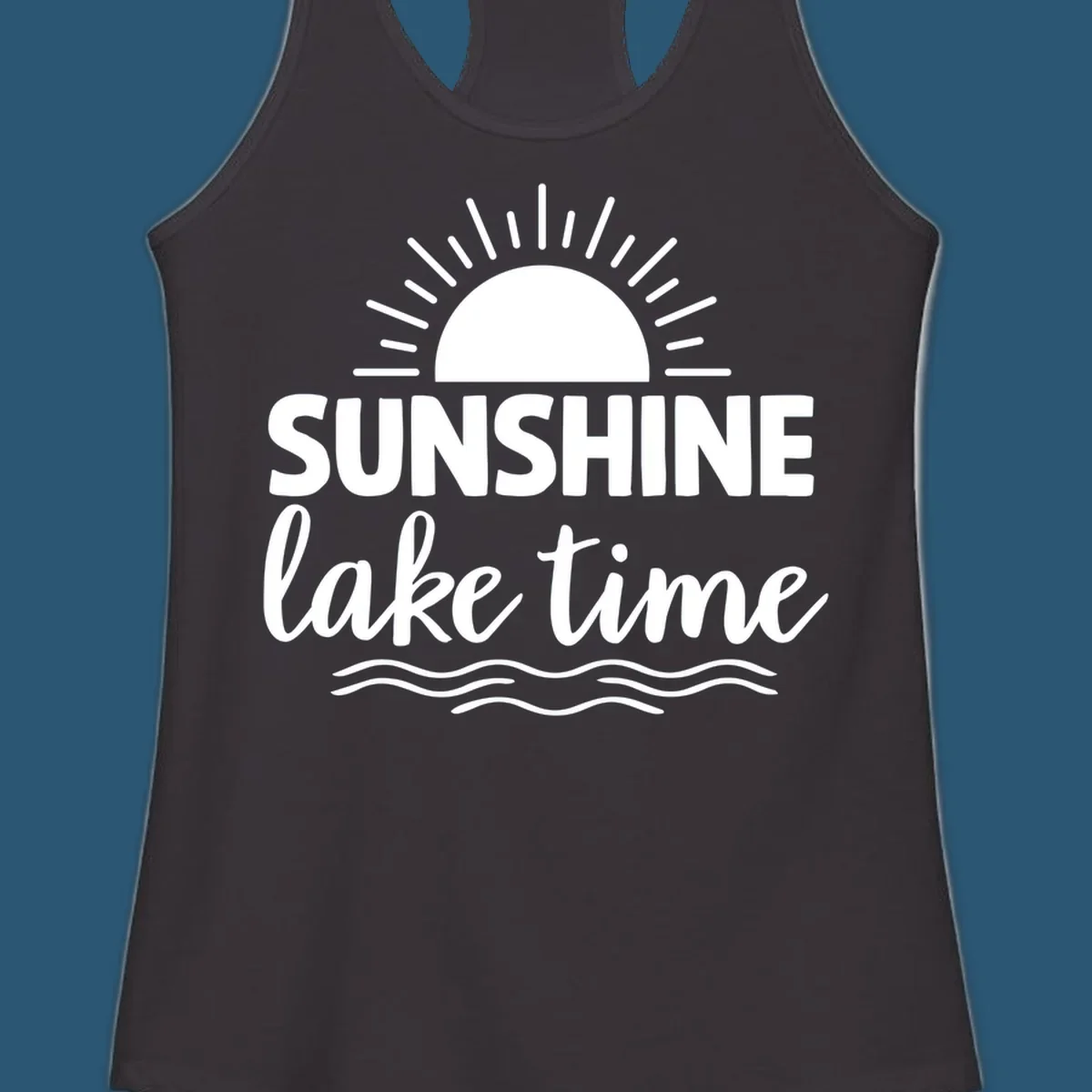 Sunshine lake time graphic with sun, rays, and wavy water.