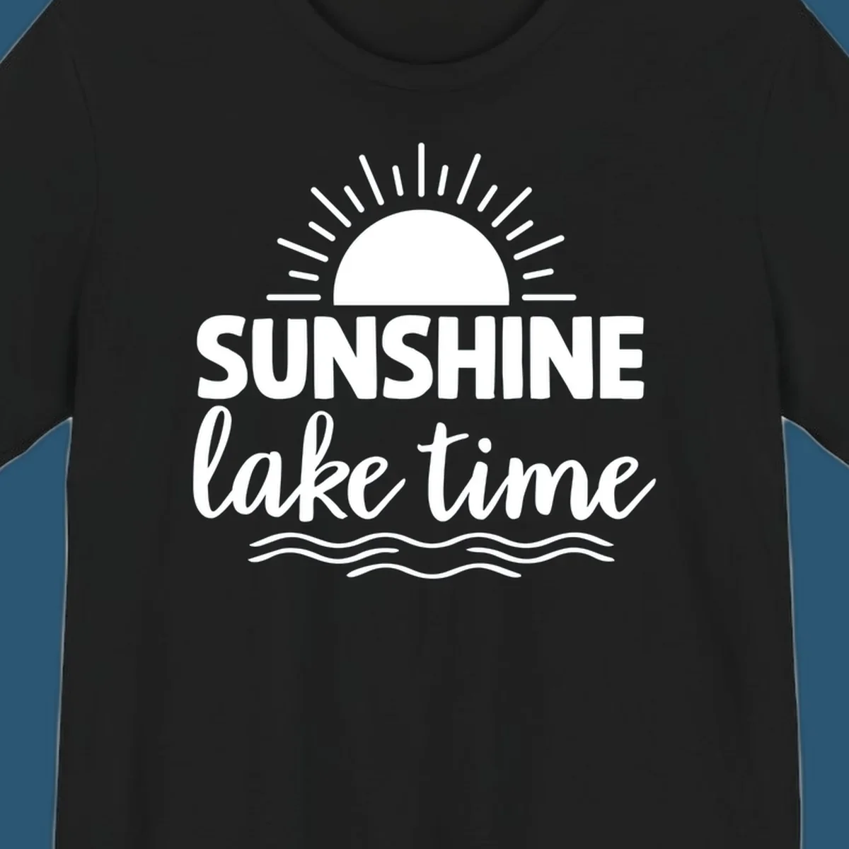 Sunshine lake time graphic with sun, rays, and wavy water.