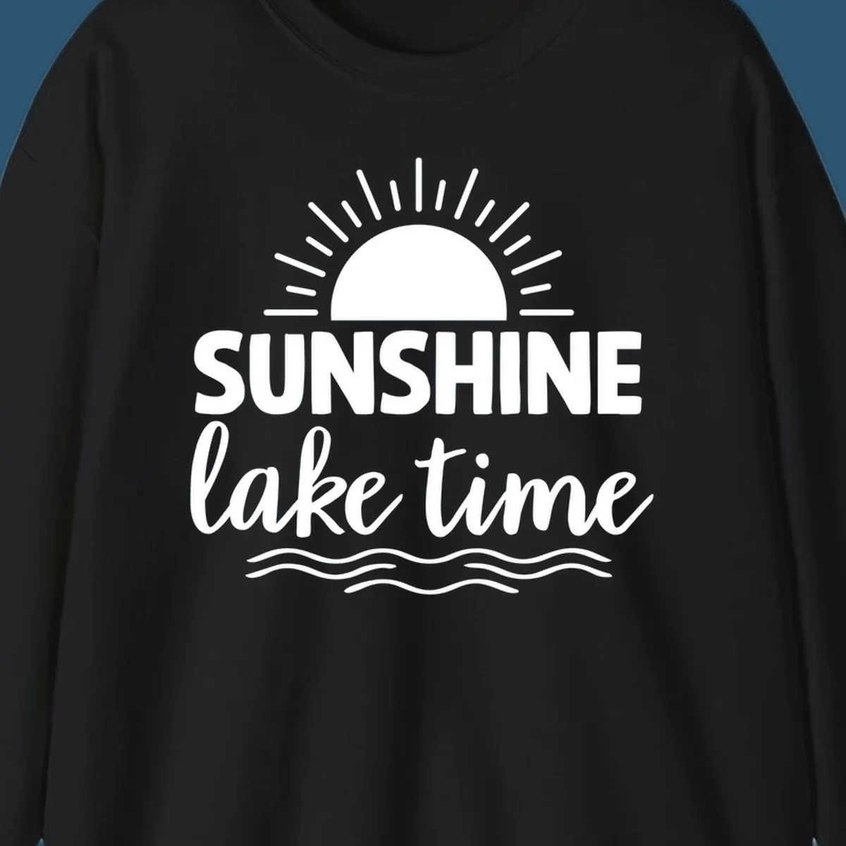 Sunshine lake time graphic with sun, rays, and wavy water.
