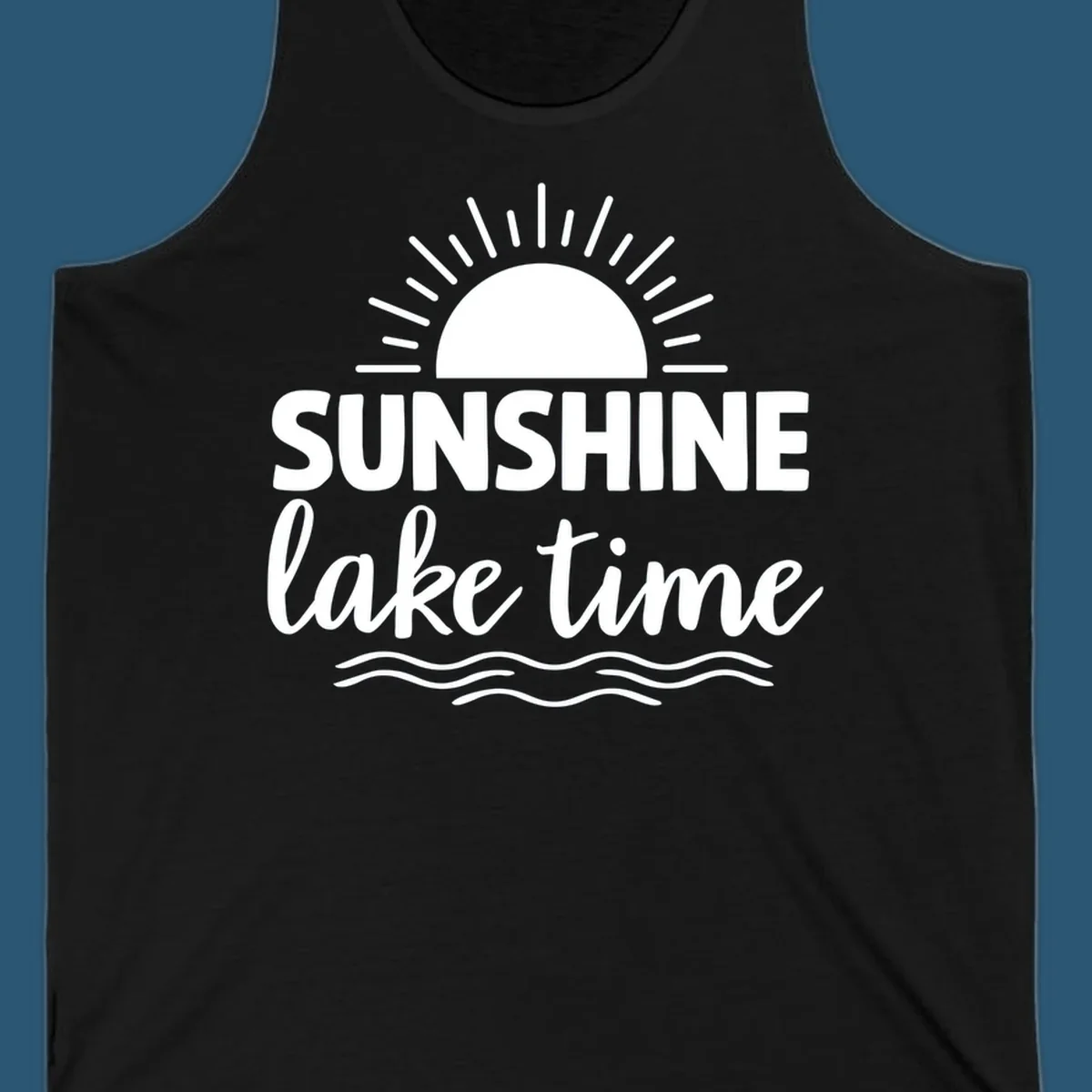 Sunshine lake time graphic with sun, rays, and wavy water.
