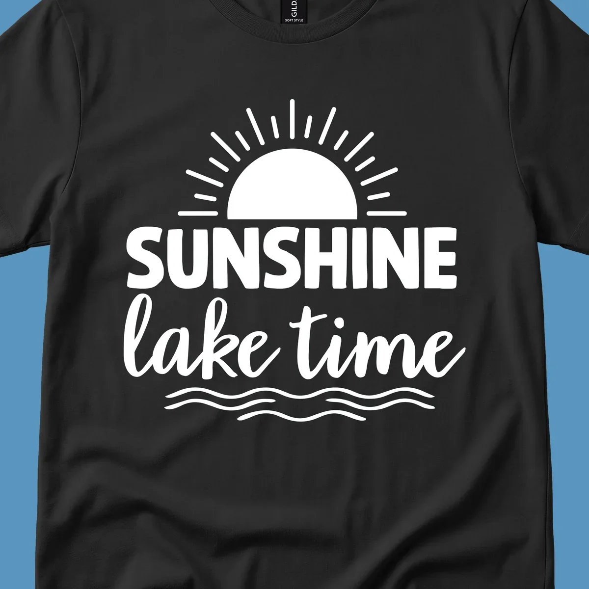 Sunshine lake time graphic with sun, rays, and wavy water.