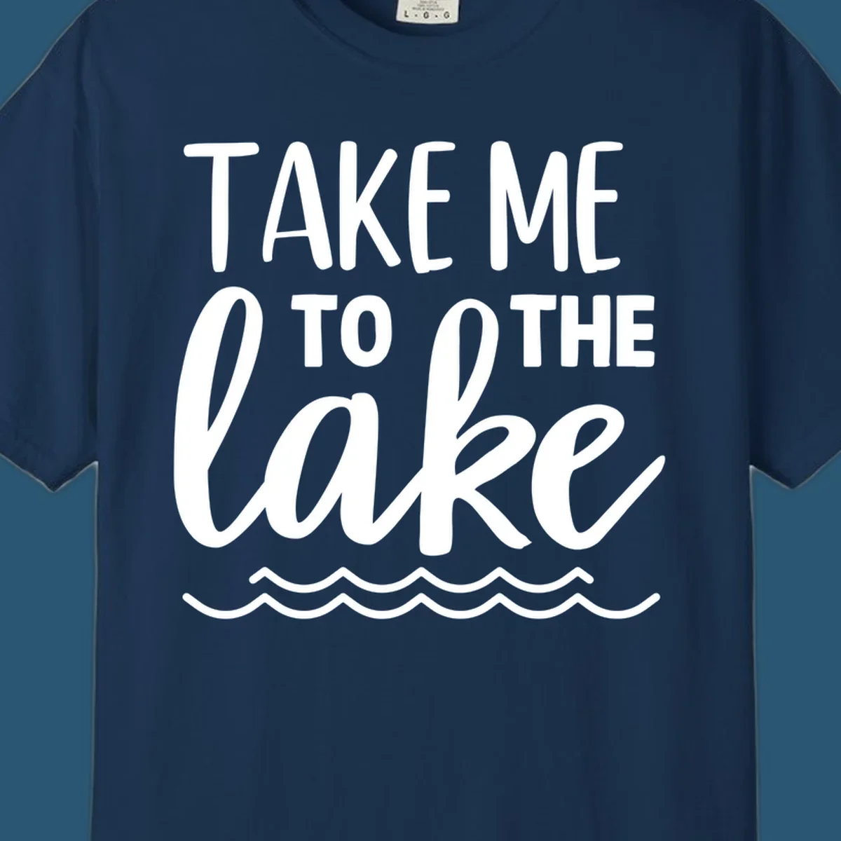 Take me to the lake text design with waves.