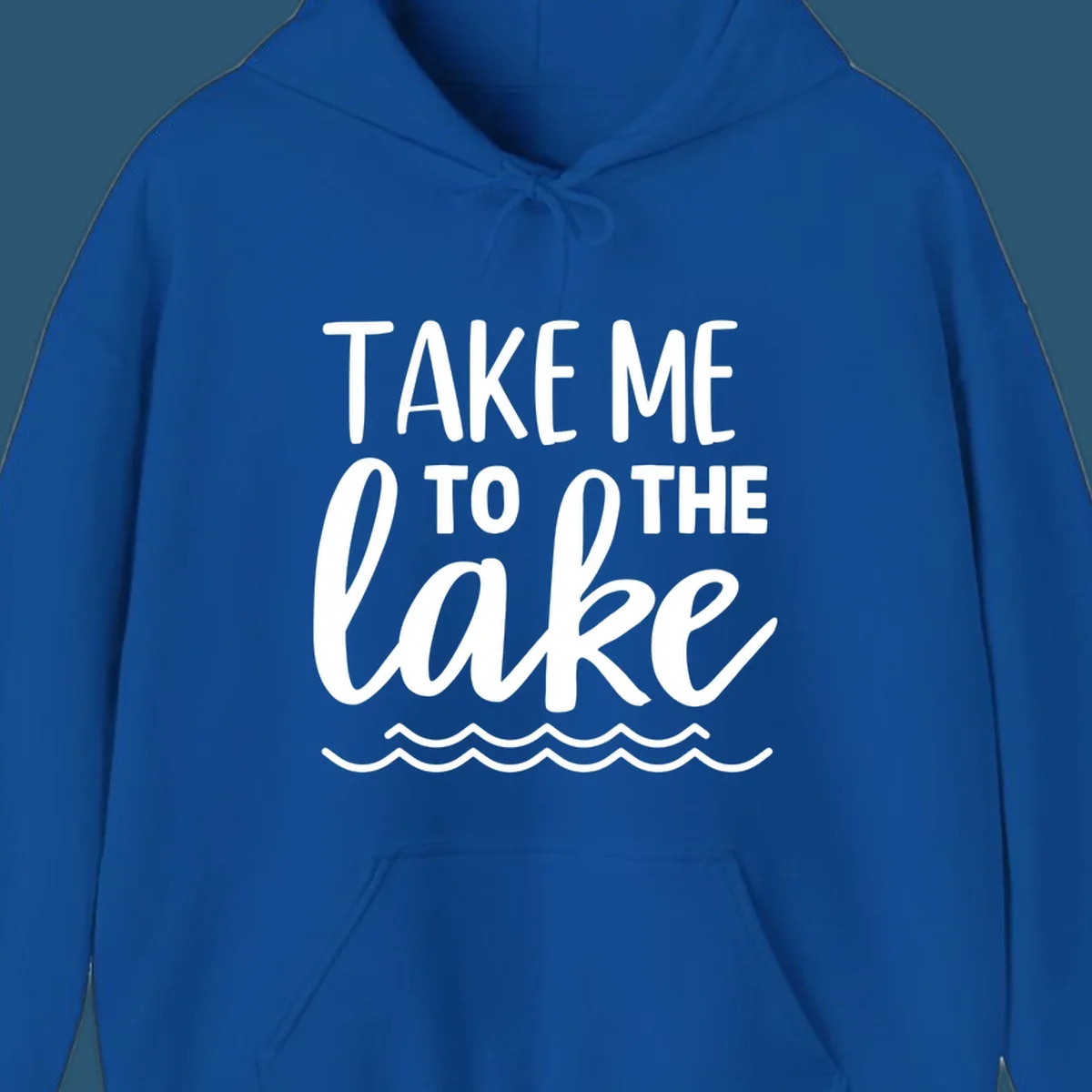 Take me to the lake text design with waves.