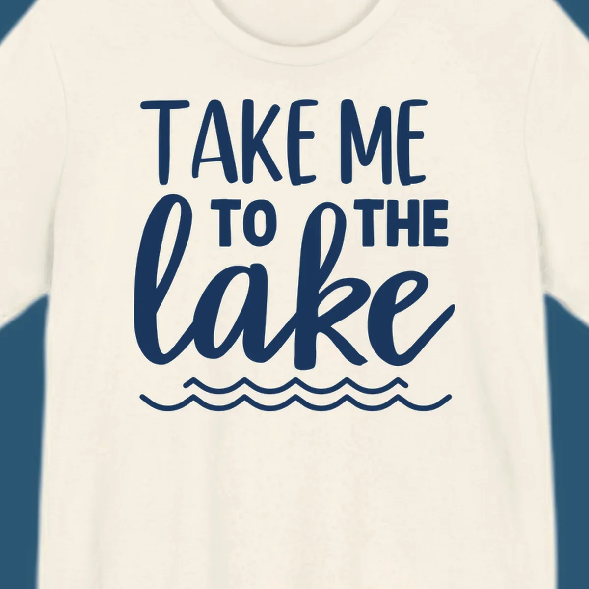 Take me to the lake text design with waves.