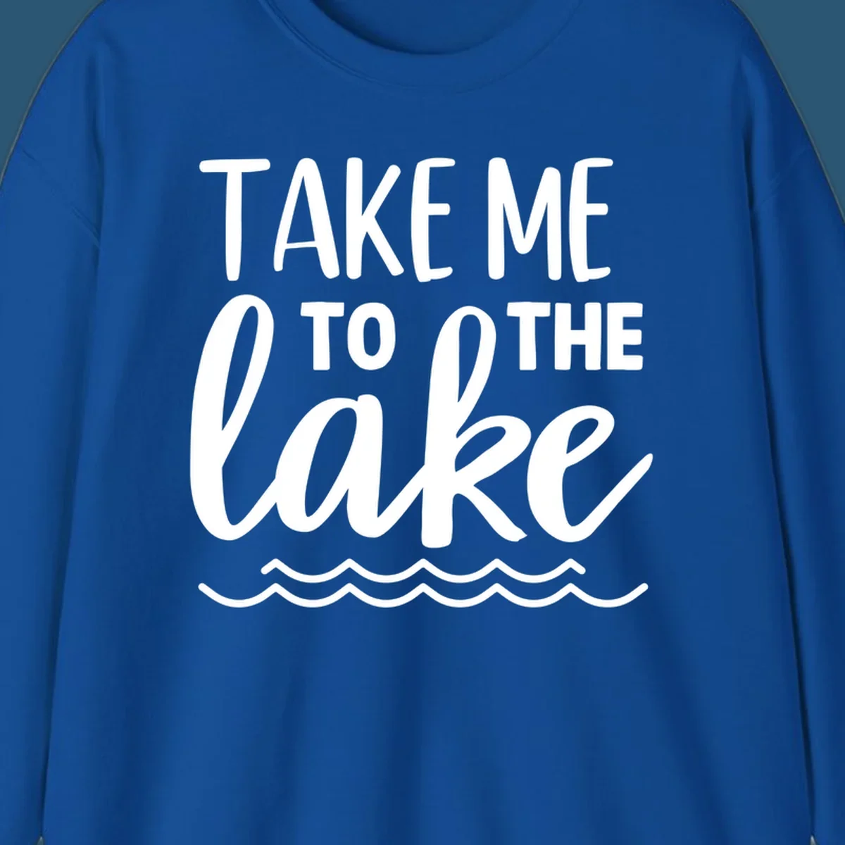 Take me to the lake text design with waves.